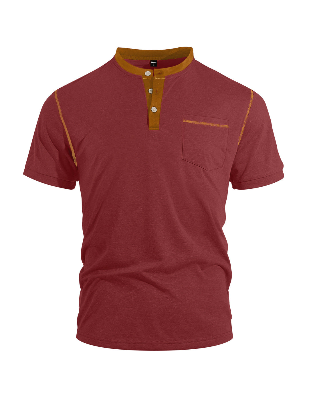Herren nan legeres Kurzarm-Bandkragenshirt mit Knopfleiste Brusttasche und Flatlocknähten R&B