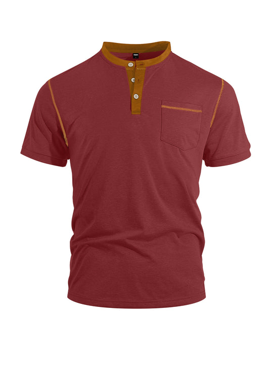 Herren nan legeres Kurzarm-Bandkragenshirt mit Knopfleiste Brusttasche und Flatlocknähten R&B