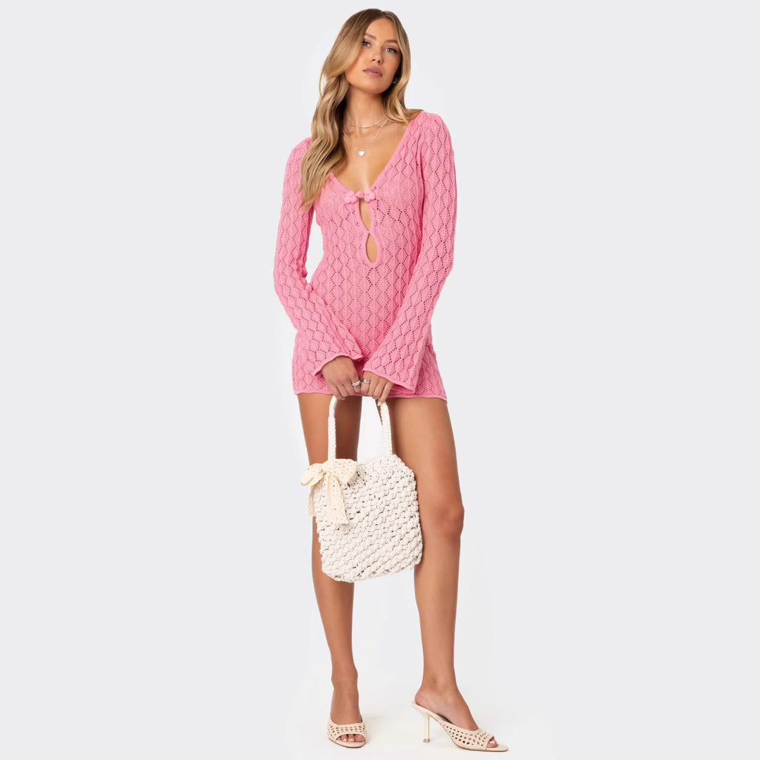 Damen Strickkleid mit raffinierten Ausschnitten und langen Ärmeln R&B