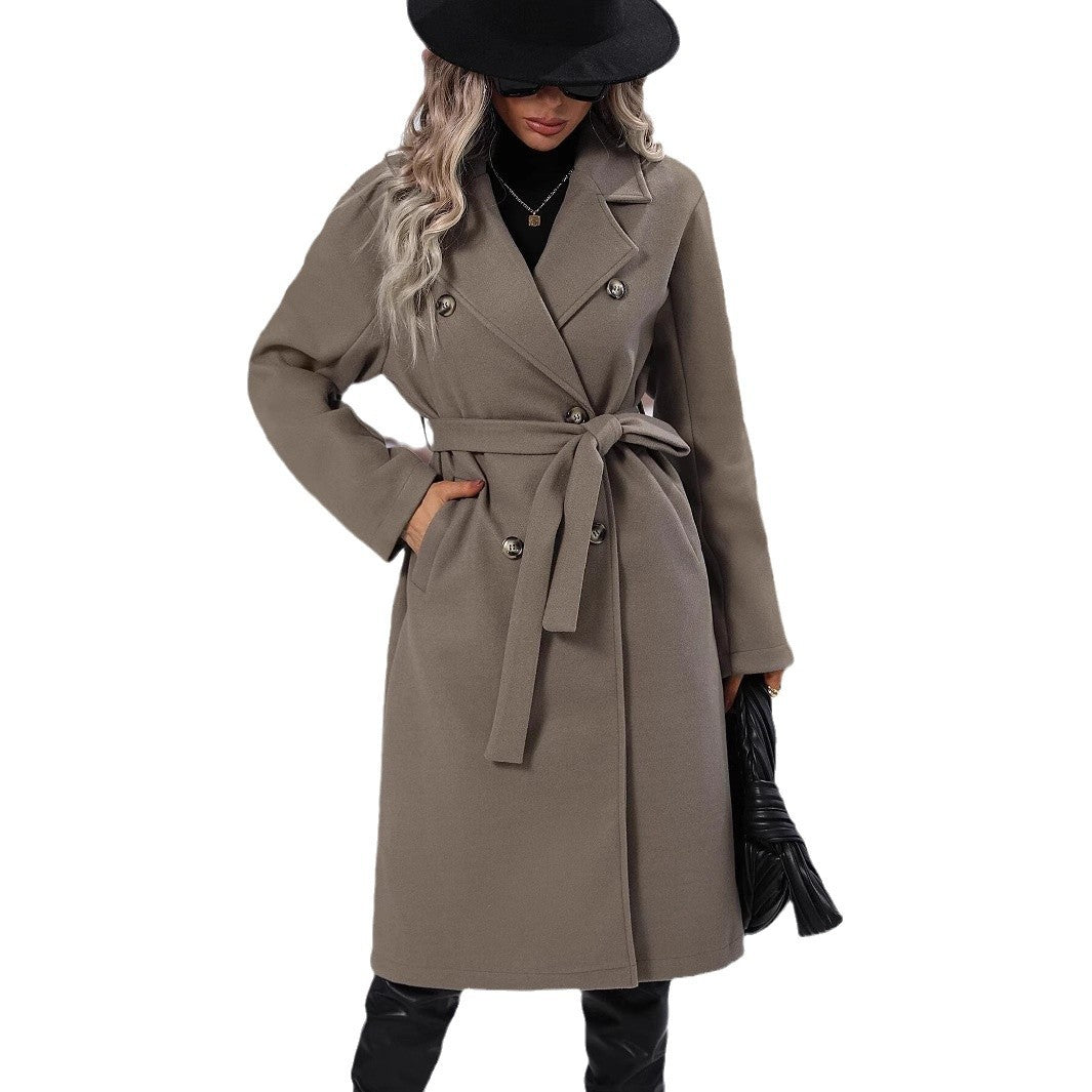 Damen Eleganter Trenchcoat mit Taillengürtel und doppelt gelegten Knöpfen R&B