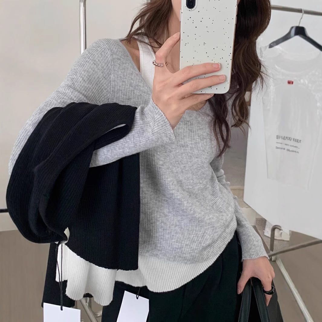 Damen lässiger V-Ausschnitt Strickpullover mit kontrastrierendem Saum R&B