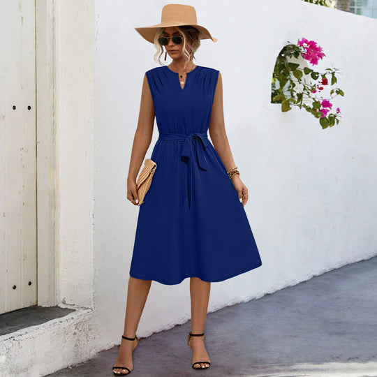 Damen Midi-Kleid mit elegantem Taillengürtel und modischem Faltenrock R&B