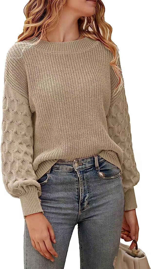 Damen modischer Strickpullover mit strukturierten Ärmeln und Rundhalsausschnitt R&B