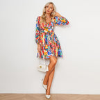 Damen Blütenreiches Sommerkleid mit weitem Rock und eleganten Puffärmeln R&B