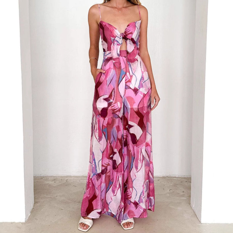 Damen Jumpsuit mit verspieltem Knotendetail und farbenfrohem Muster R&B
