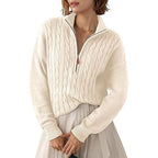 Damen Grobstrick Pullover mit Stehkragen und halbem Reißverschluss R&B