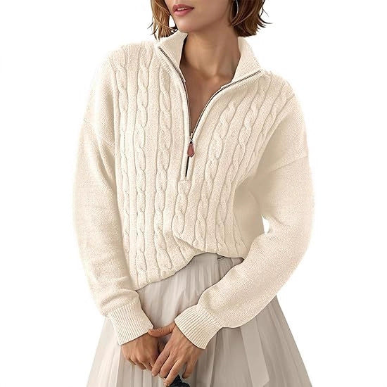 Damen Grobstrick Pullover mit Stehkragen und halbem Reißverschluss R&B