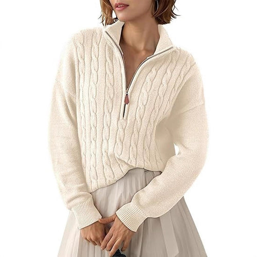 Damen Grobstrick Pullover mit Stehkragen und halbem Reißverschluss R&B