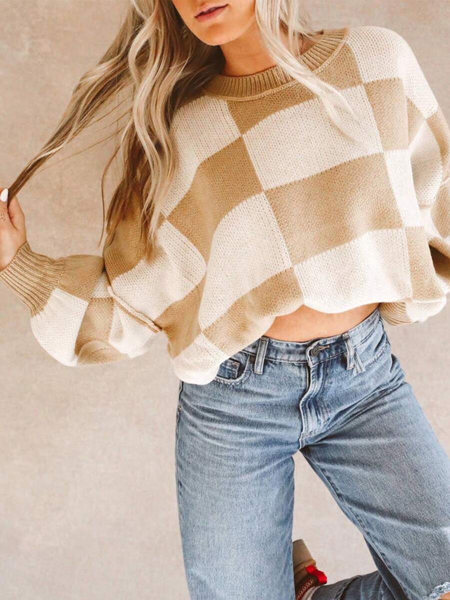 Damen lässiger kariert Pullover mit weiten Ärmeln und Rundhalsausschnitt R&B