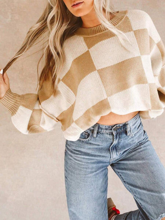 Damen lässiger kariert Pullover mit weiten Ärmeln und Rundhalsausschnitt R&B
