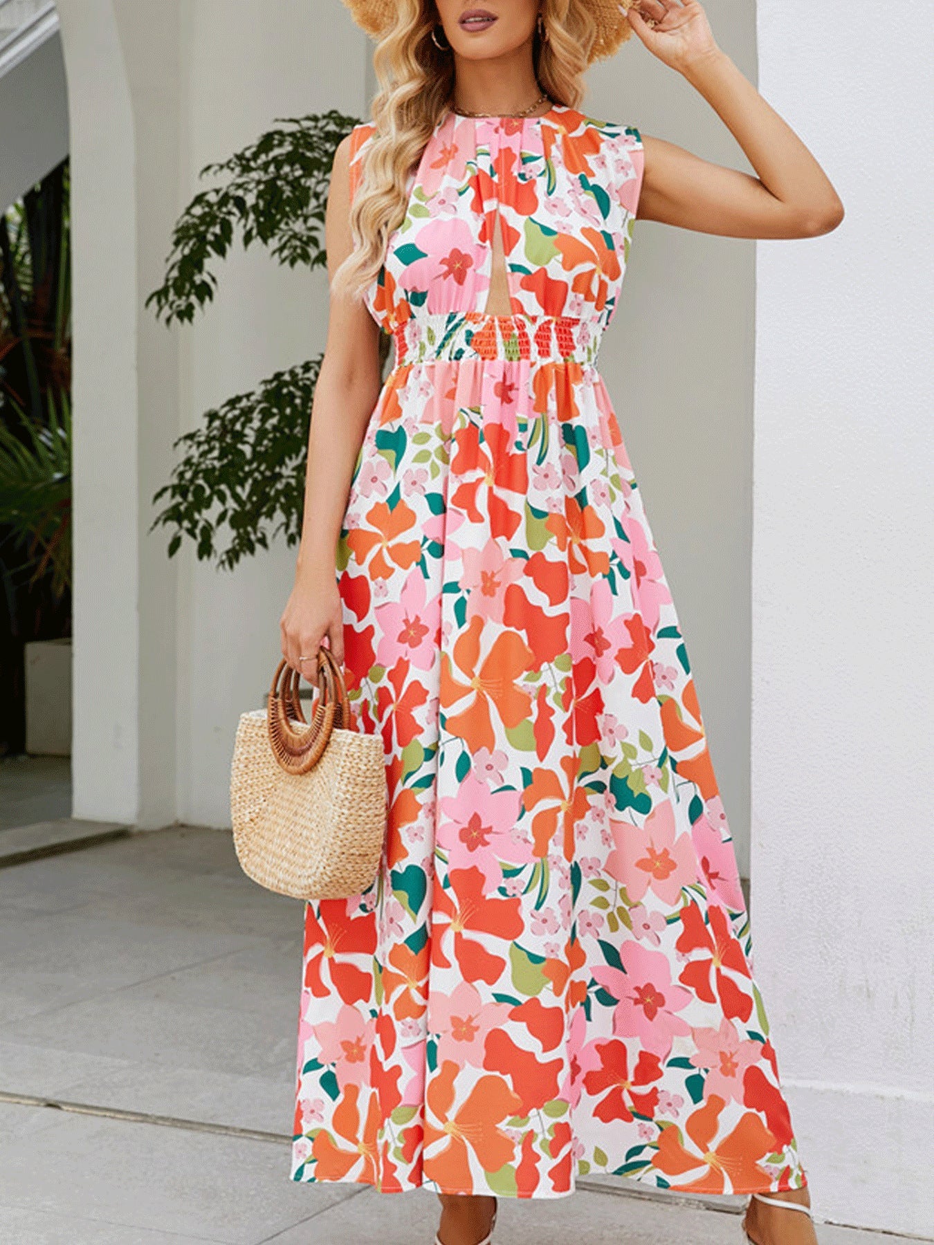 Damen Maxikleid mit floralem Design und elastischem Taillenbund R&B