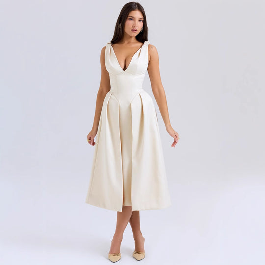 Damen Maxikleid mit elegantem V-Ausschnitt und strukturiertem Rock R&B
