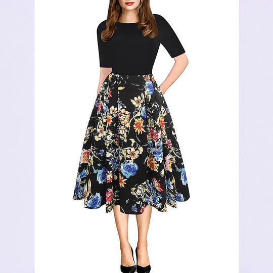 Damen Midikleid mit floralem Muster und gestreiften Akzenten R&B