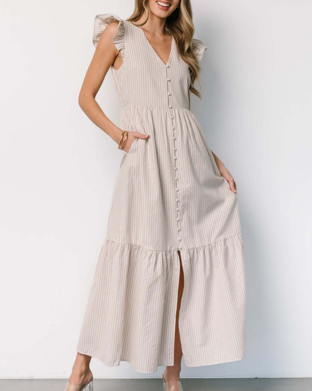 Damen Maxikleid mit Rüschendetails und Knopfleiste R&B