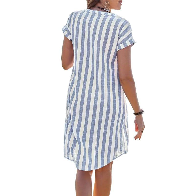 Damen Freizeitleinenhemdkleid mit gestreiftem Muster und schickem Kragen R&B