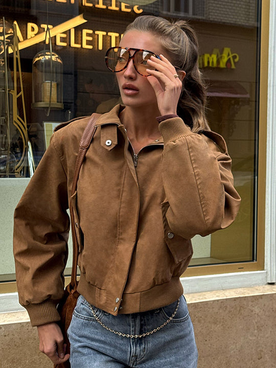 Damen lässige Kurzjacke mit voluminösen Ärmeln und Reißverschluss R&B