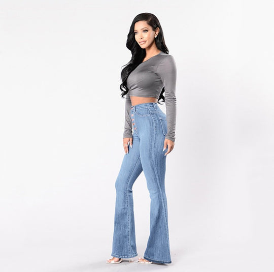 Damen Bootcut Jeans mit hohem Bund und modischen Knopfdetails