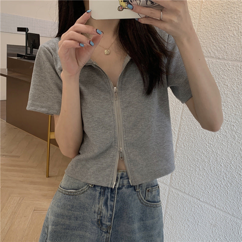 Damen Cropped Poloshirt mit Reißverschluss und strukturierter Textur R&B