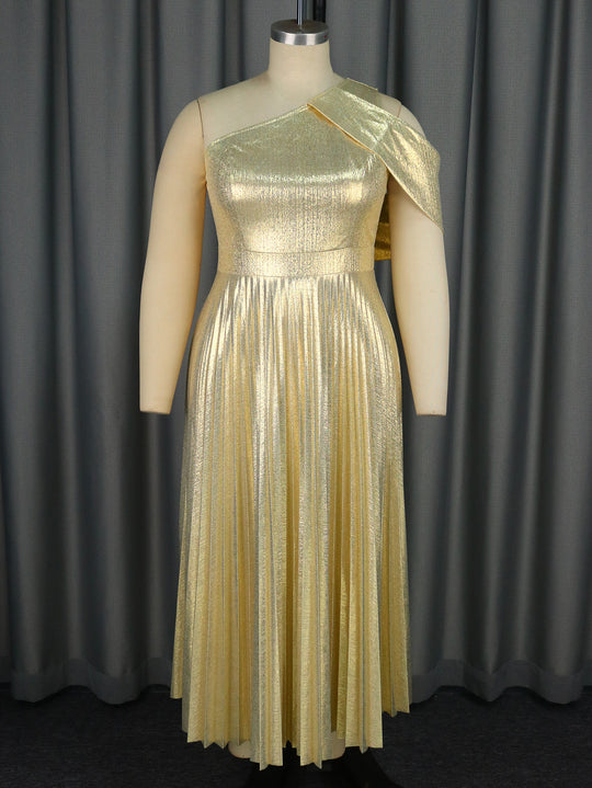 Damen Elegantes Plisseekleid mit asymmetrischem Träger R&B