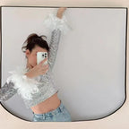 Damen Cropped Oberteil mit funkelndem Paillettenbesatz und fluffigen Ärmelbündchen R&B