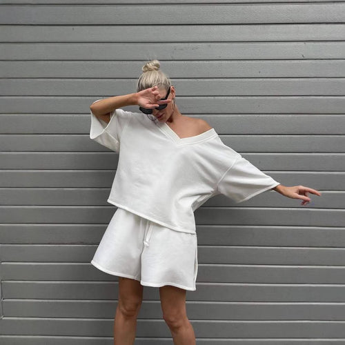 Damen lässiges Lounge-Set mit oversized Oberteil und Shorts R&B