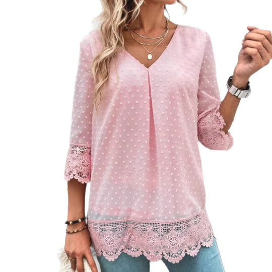 Damen Bluse mit Spitzenbesatz und gepunktetem Design Heidi-Mode