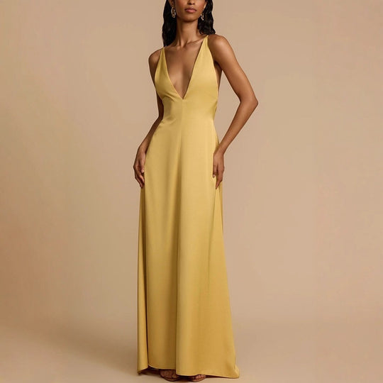 Damen Elegantes Maxikleid mit tiefem V-Ausschnitt und fließendem Schnitt R&B