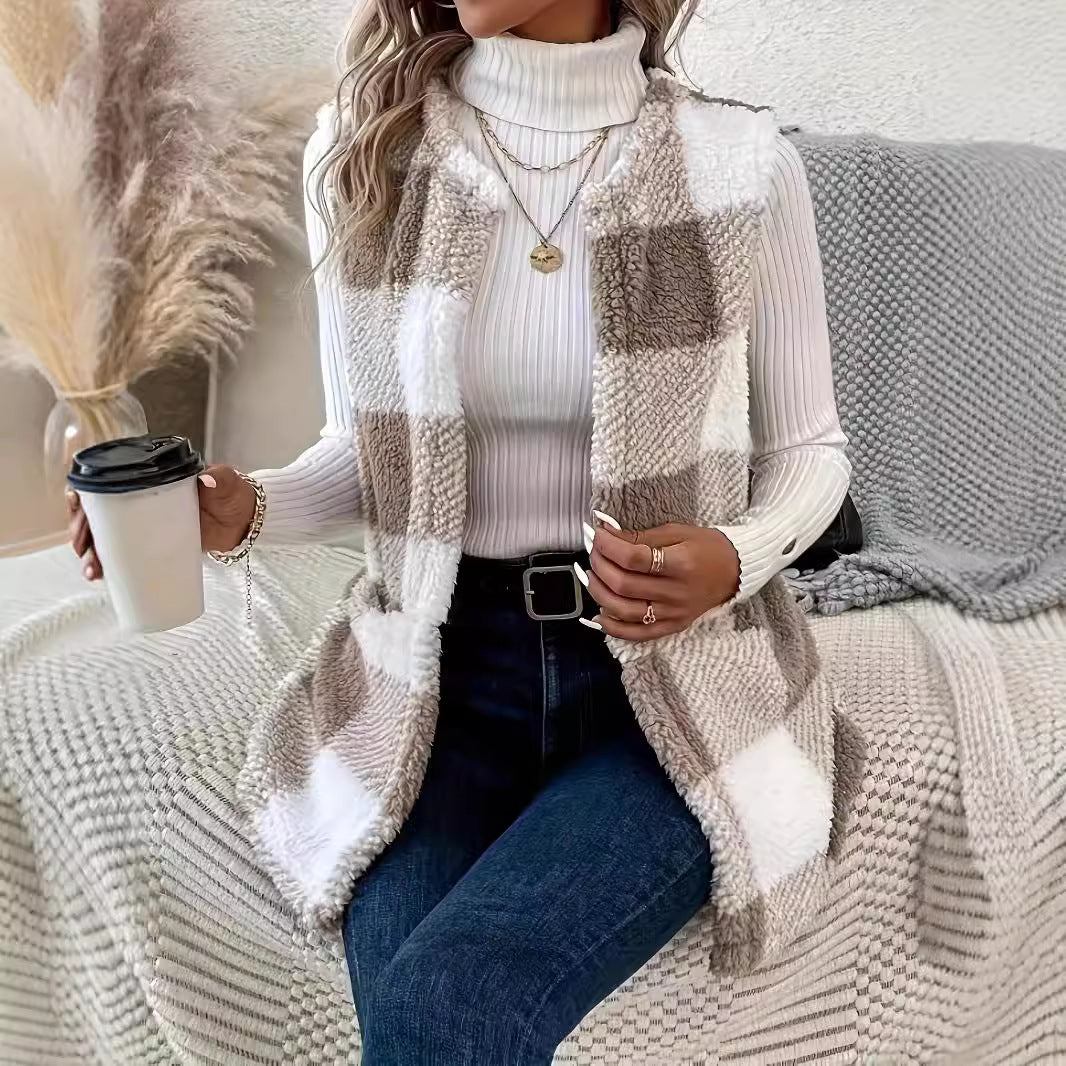 Damen Flauschige Weste mit Karomuster und Taschen R&B