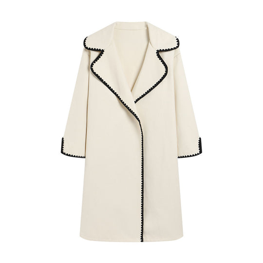 Damen eleganter Mantel mit stilvollem Umschlagkragen und kontrastierenden Ziernähten R&B