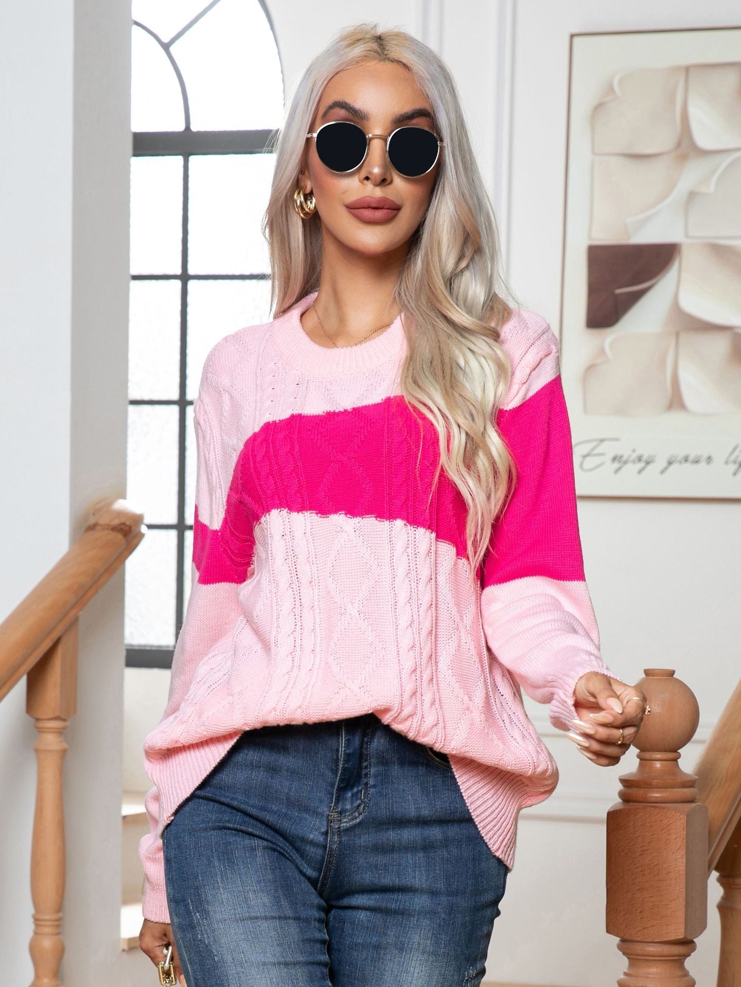 Damen Strickpullover mit modernen Kontrasten und Zopfmuster R&B