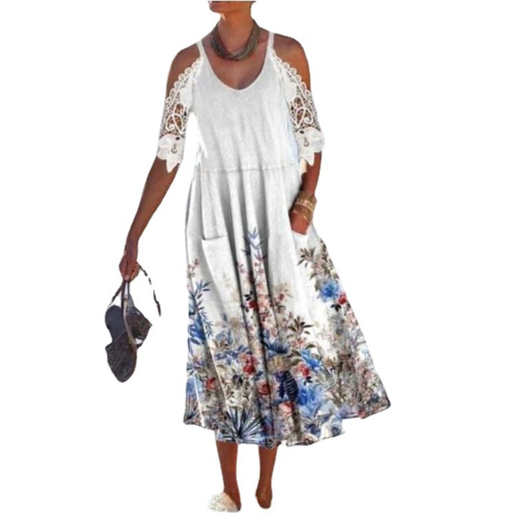 Damen nan fließendes Maxikleid mit Schulterausschnitten Häkelspitzenärmeln A‑Linien‑Schnitt und Eingrifftaschen R&B