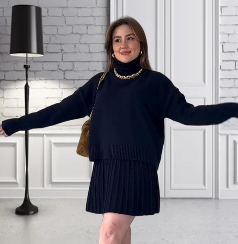 Damen Oversized Strickpullover mit hochwertiger Rippstruktur und passendem Minirock R&B