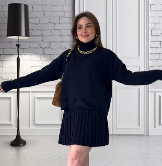 Damen Oversized Strickpullover mit hochwertiger Rippstruktur und passendem Minirock R&B