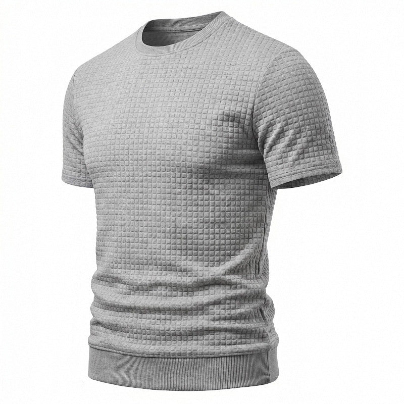 Herren nan kurzärmeliges Strickshirt mit geprägter Karostruktur, Rundhalsausschnitt und geripptem Saum R&B