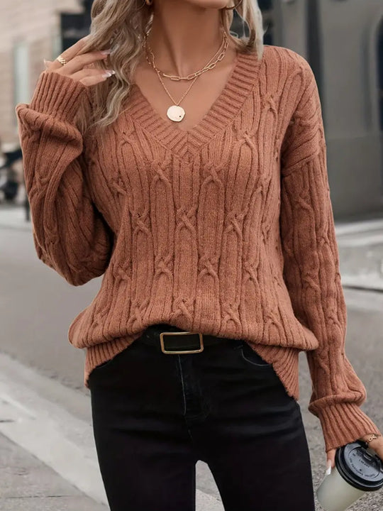Damen Strickpullover mit V-Ausschnitt und Zopfmuster R&B