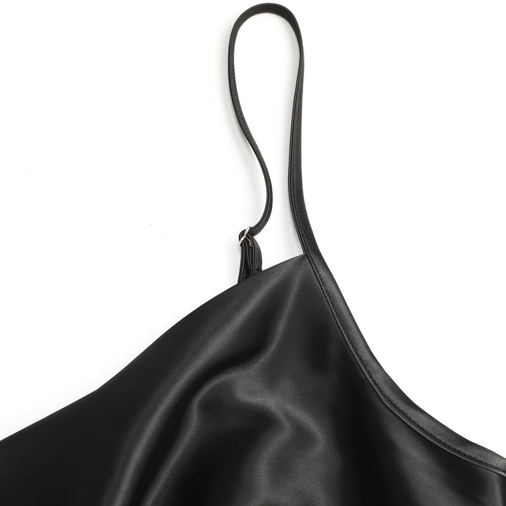 Damen elegantes Satin-Kleid mit verstellbaren Trägern und Taillenband R&B