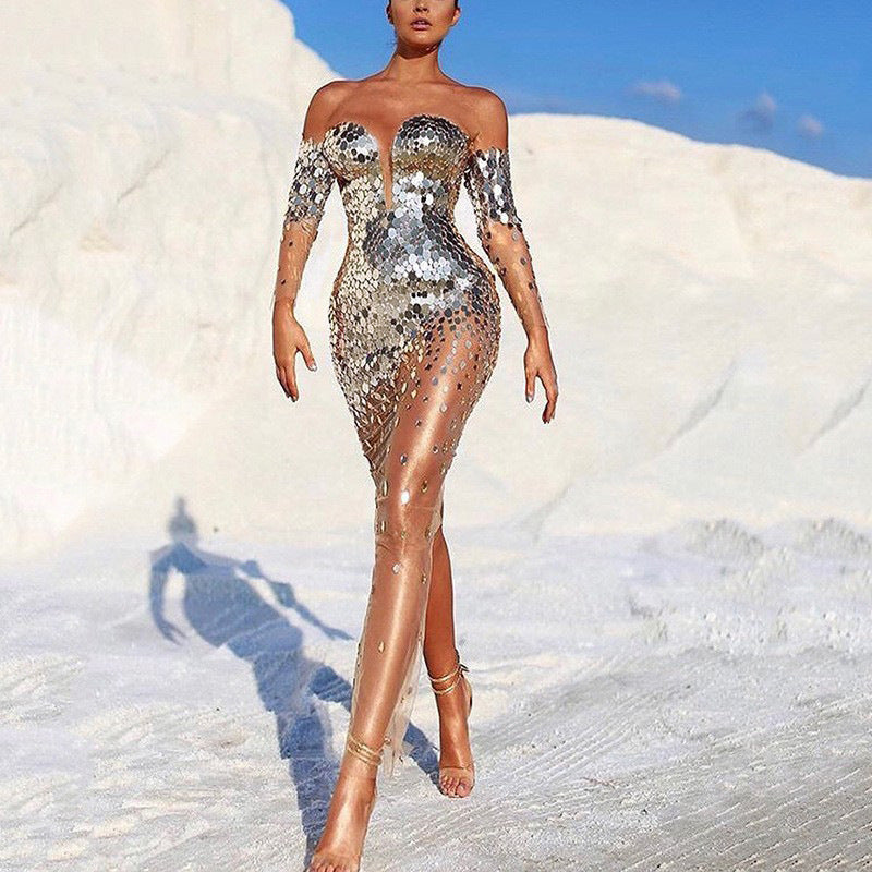 Damen Glitzerndes Abendkleid mit transparenten Ärmeln R&B