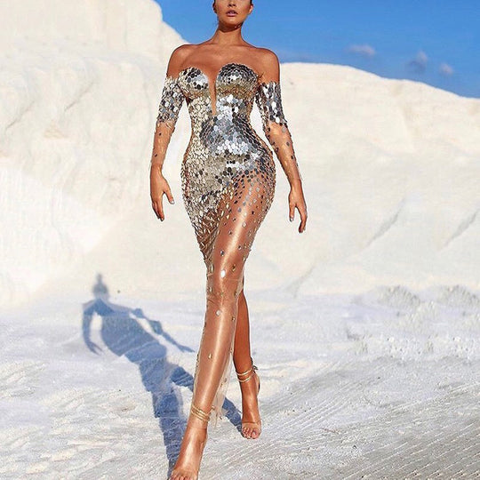 Damen Glitzerndes Abendkleid mit transparenten Ärmeln R&B