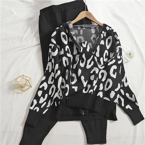 Damen lässiges Hoodie- und Jogginganzug-Set mit Leopardenmuster R&B