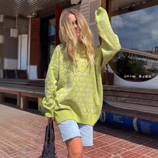 Damen Kreativer Strickpullover mit Wabenmuster R&B