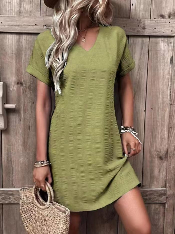 Damen V-ausschnitt Freizeitleinenkleid mit kurzen Ärmeln R&B