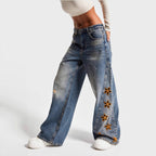 Damen Weite Jeans mit floraler Stickerei