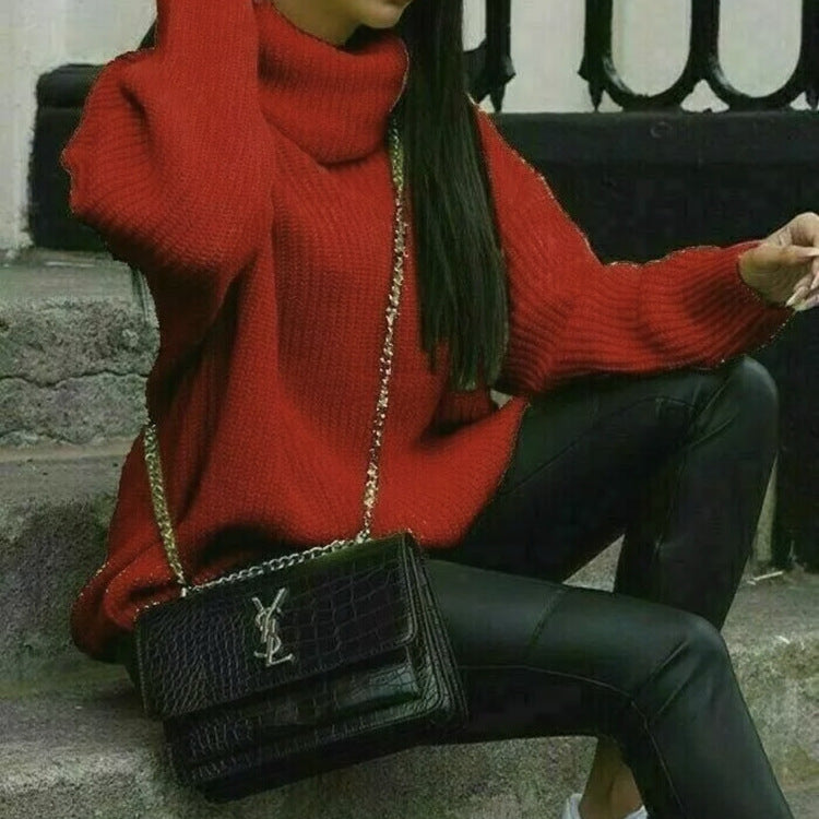 Damen Grobstrickpullover mit hohem Kragen und lässigem Schnitt R&B