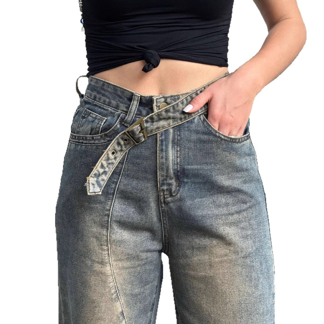 Damen Lässige Baqugy-Jeans mit modischen Rissdetails und Gürtel R&B