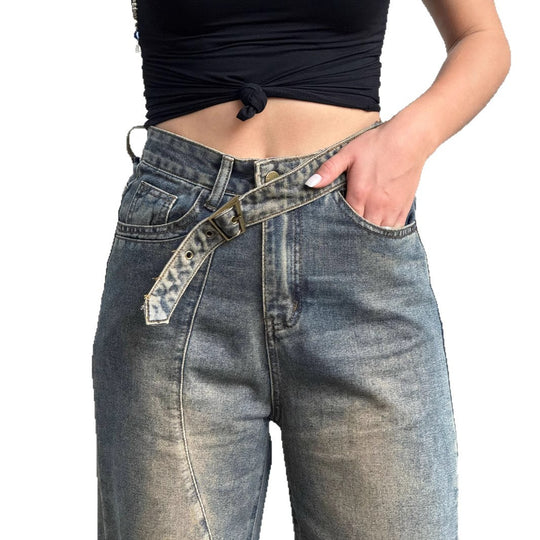 Damen Lässige Baqugy-Jeans mit modischen Rissdetails und Gürtel R&B