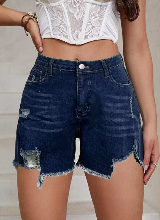 Damen lässige Destroyed Jeansshorts mit hohem Bund und fransigen Abschlüssen R&B