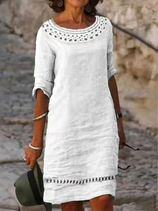 Damen lässiges Sommerkleid mit elegantem Häkelkragen und durchgehendem Schnitt R&B