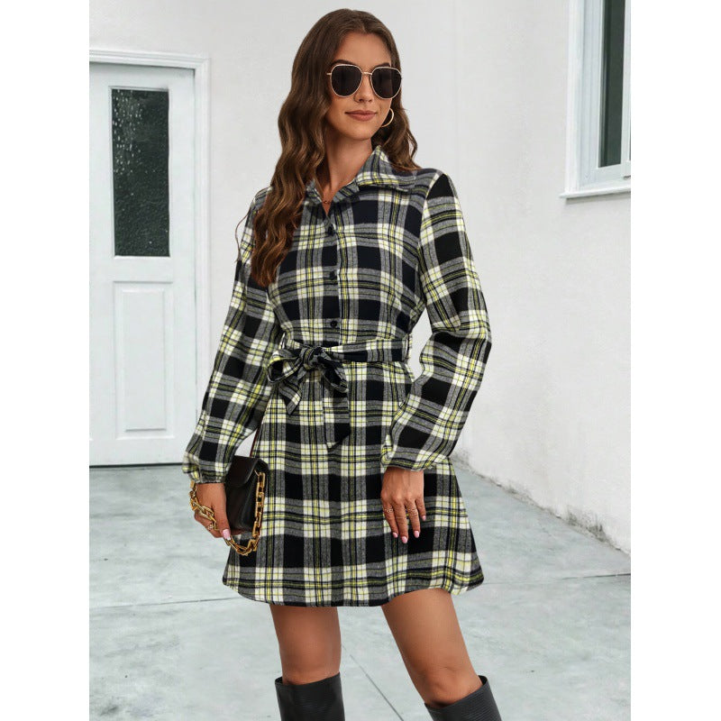 Damen Hemdblusenkleid mit karriertem Muster und Bindegürtel R&B