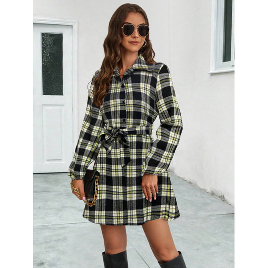 Damen Hemdblusenkleid mit karriertem Muster und Bindegürtel R&B