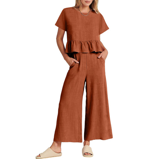 Damen Zweiteiliges Outfit mit fließendem Oberteil und weitem Hosen-Design R&B